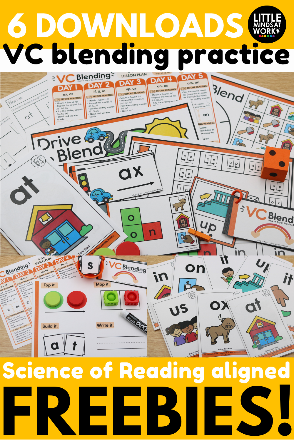 a collection of free VC blending decodable books, printables, and centers