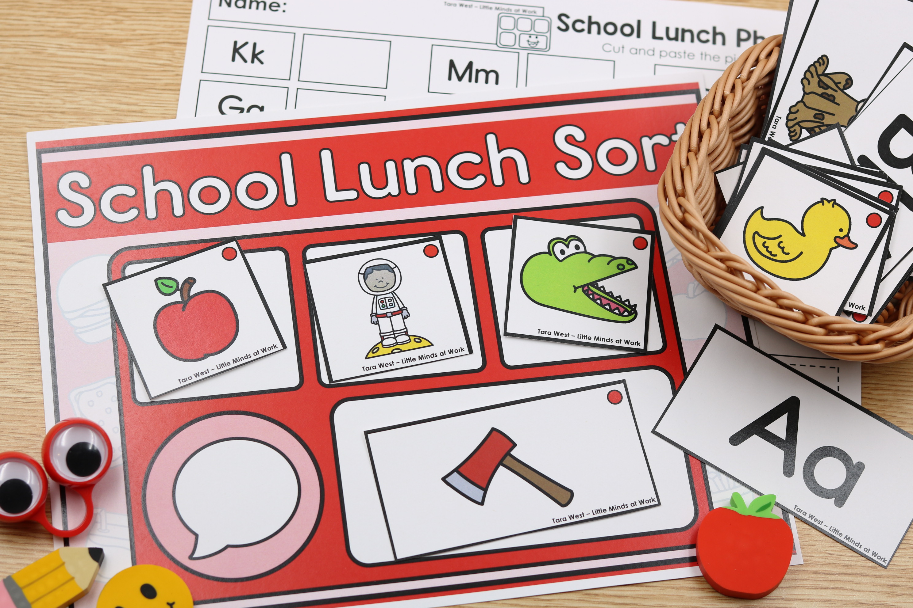 Back-to-school School Lunch Sort alphabet center featuring beginning sound picture cards, letter matching, and phonics activities for practicing letter recognition and letter sounds.