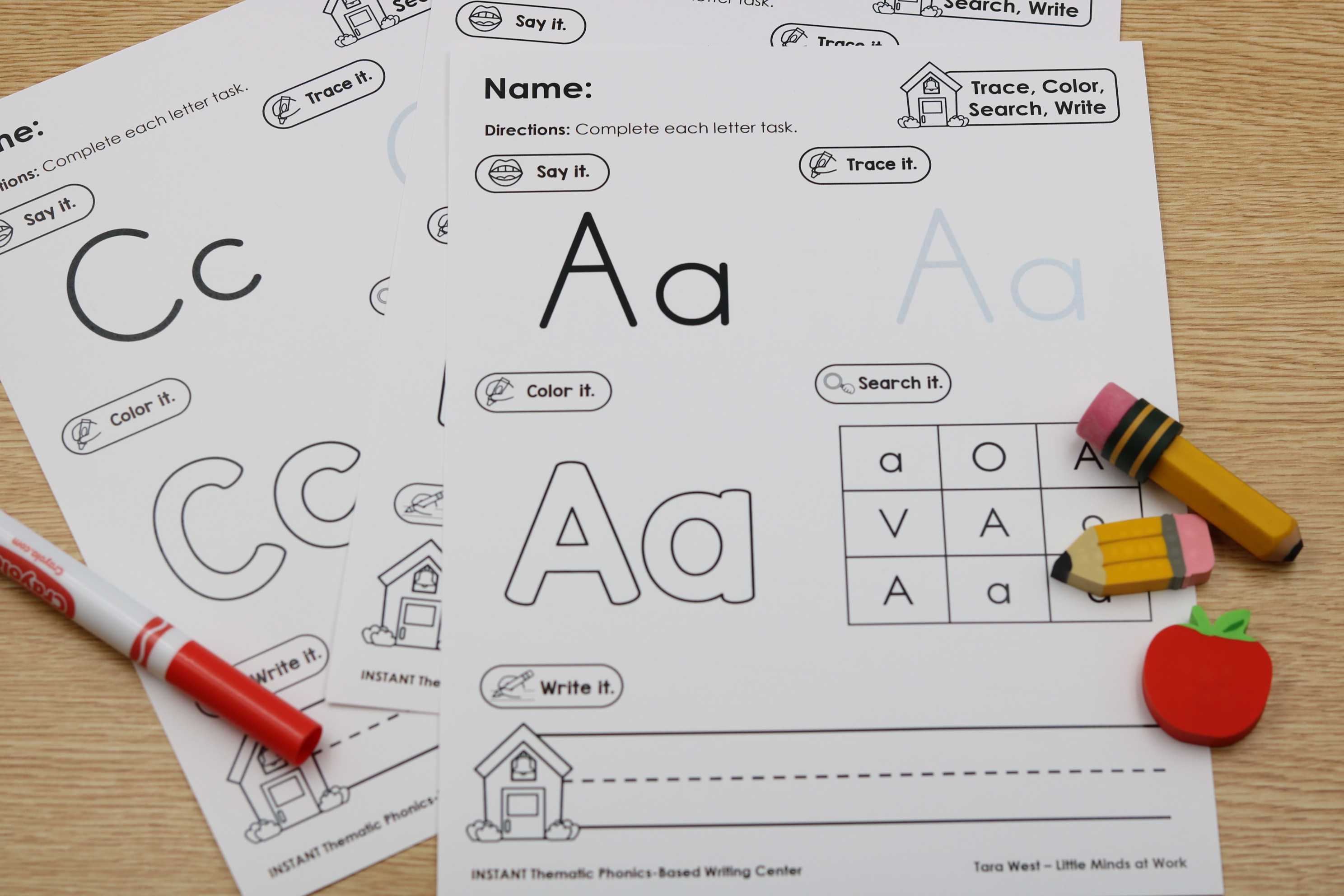 back to school alphabet printables as student says the letter, traces it, colors it, searches to find the letter, and writing the letter