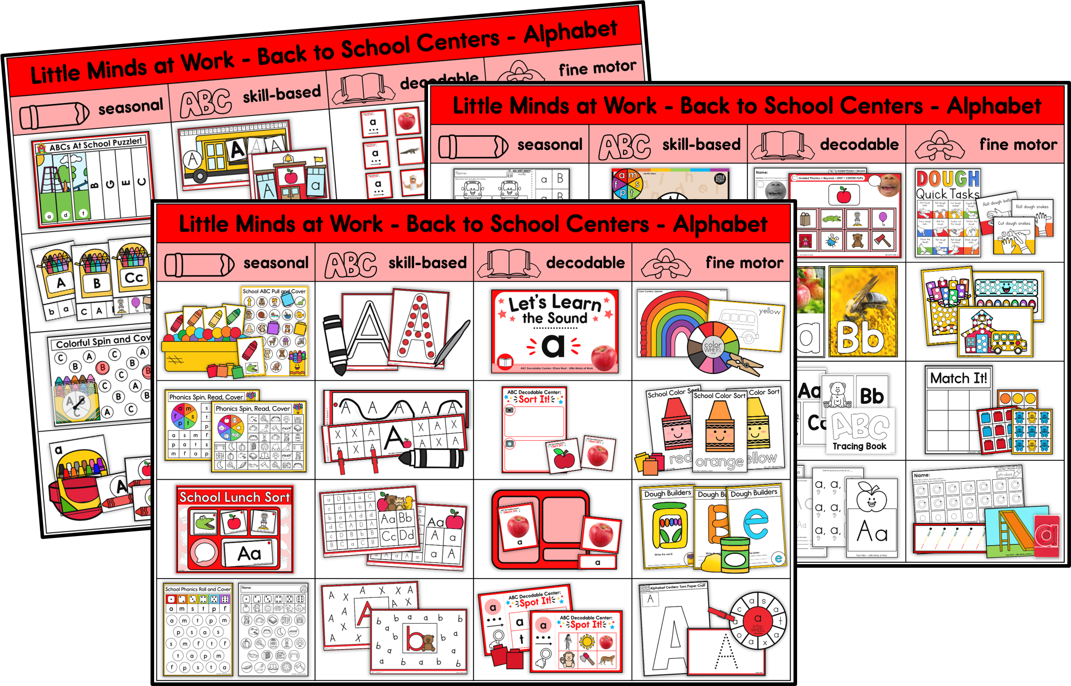 Back-to-school alphabet centers featuring seasonal, skill-based, decodable phonics, and fine motor activities for letter recognition, letter sounds, beginning sounds, and letter formation.