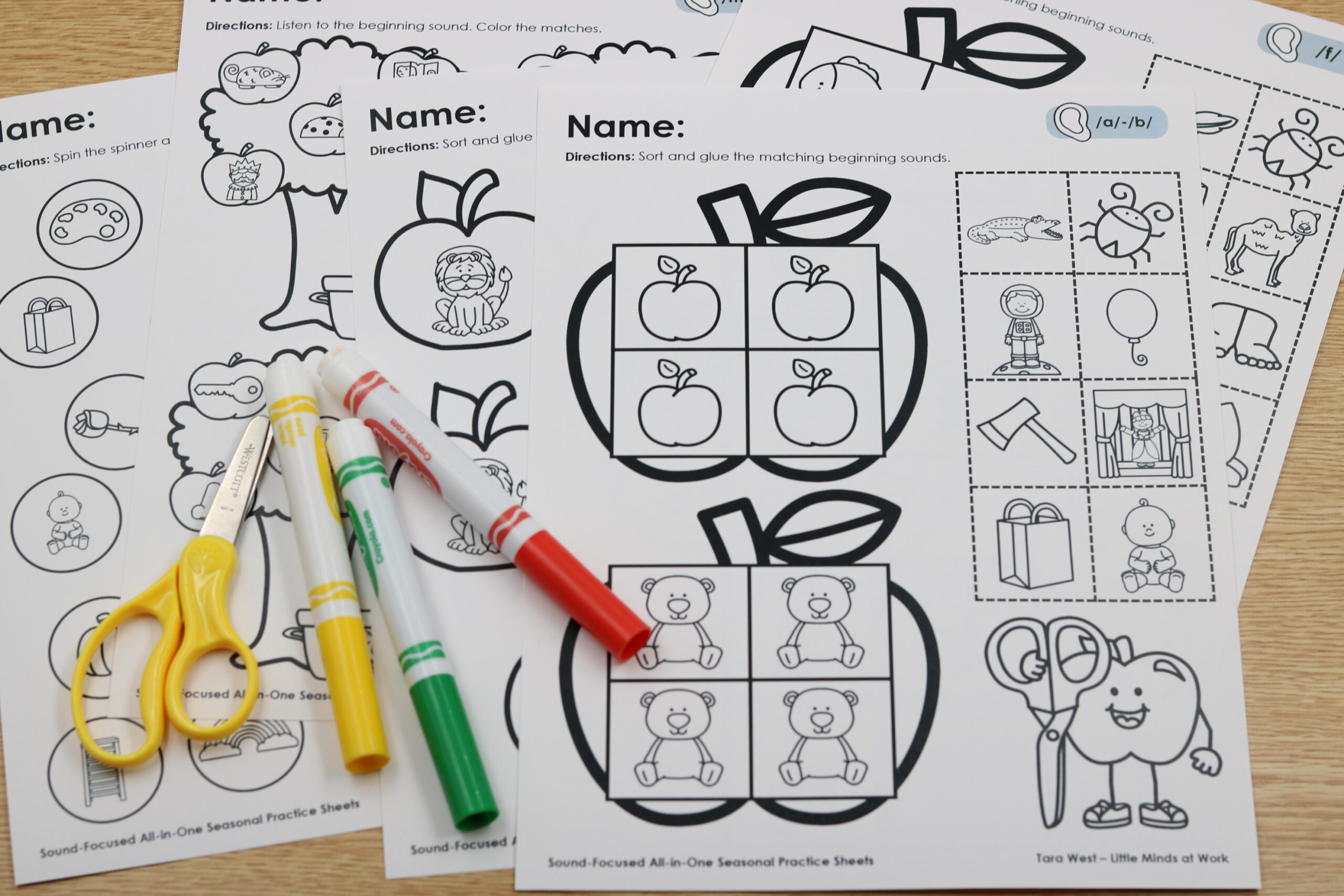 FREE apple themed kindergarten phonics worksheets for back to school beginning sounds, letter sounds, and Science of Reading practice.