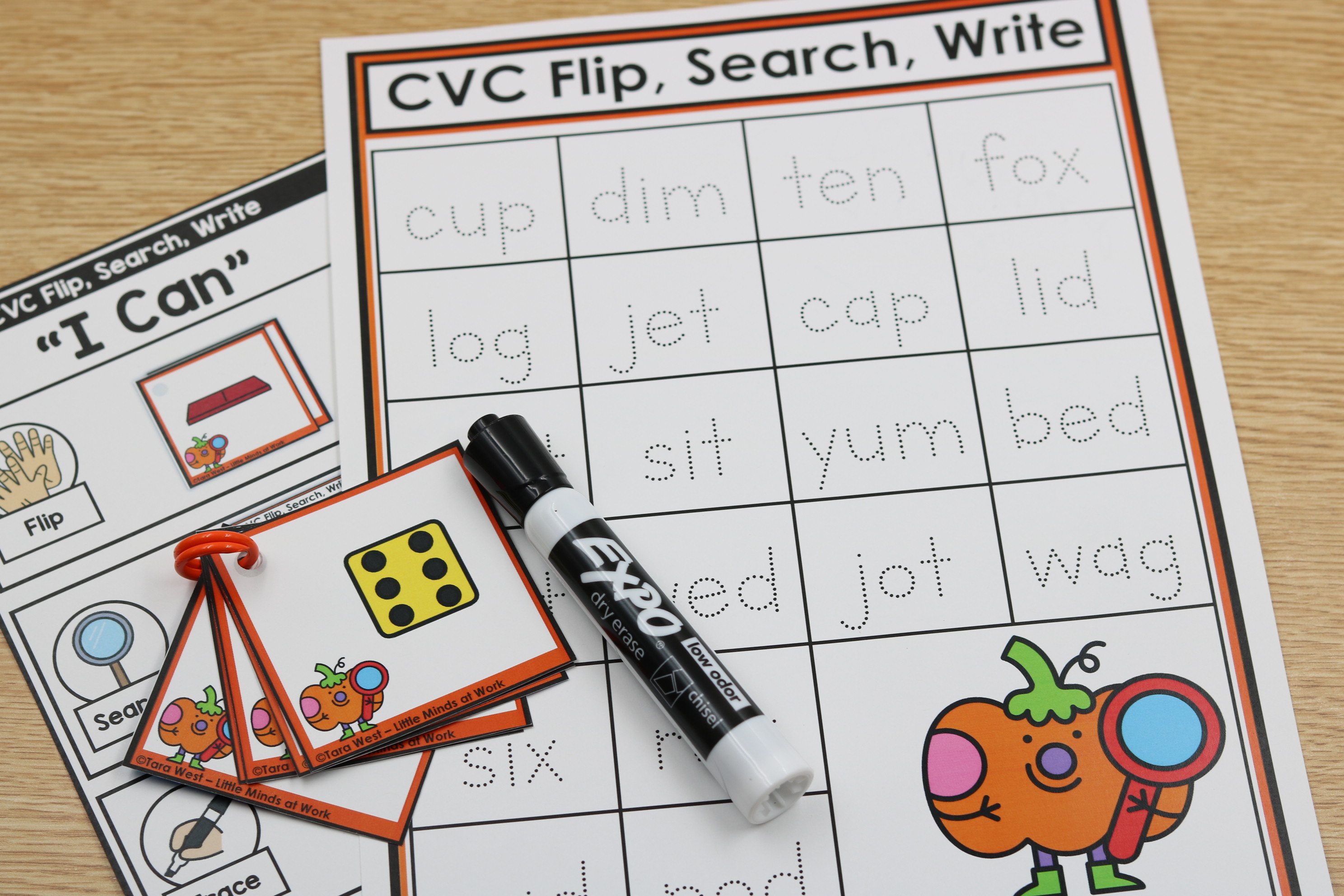 cvc flip search and write fall phonics center using a dry erase marker