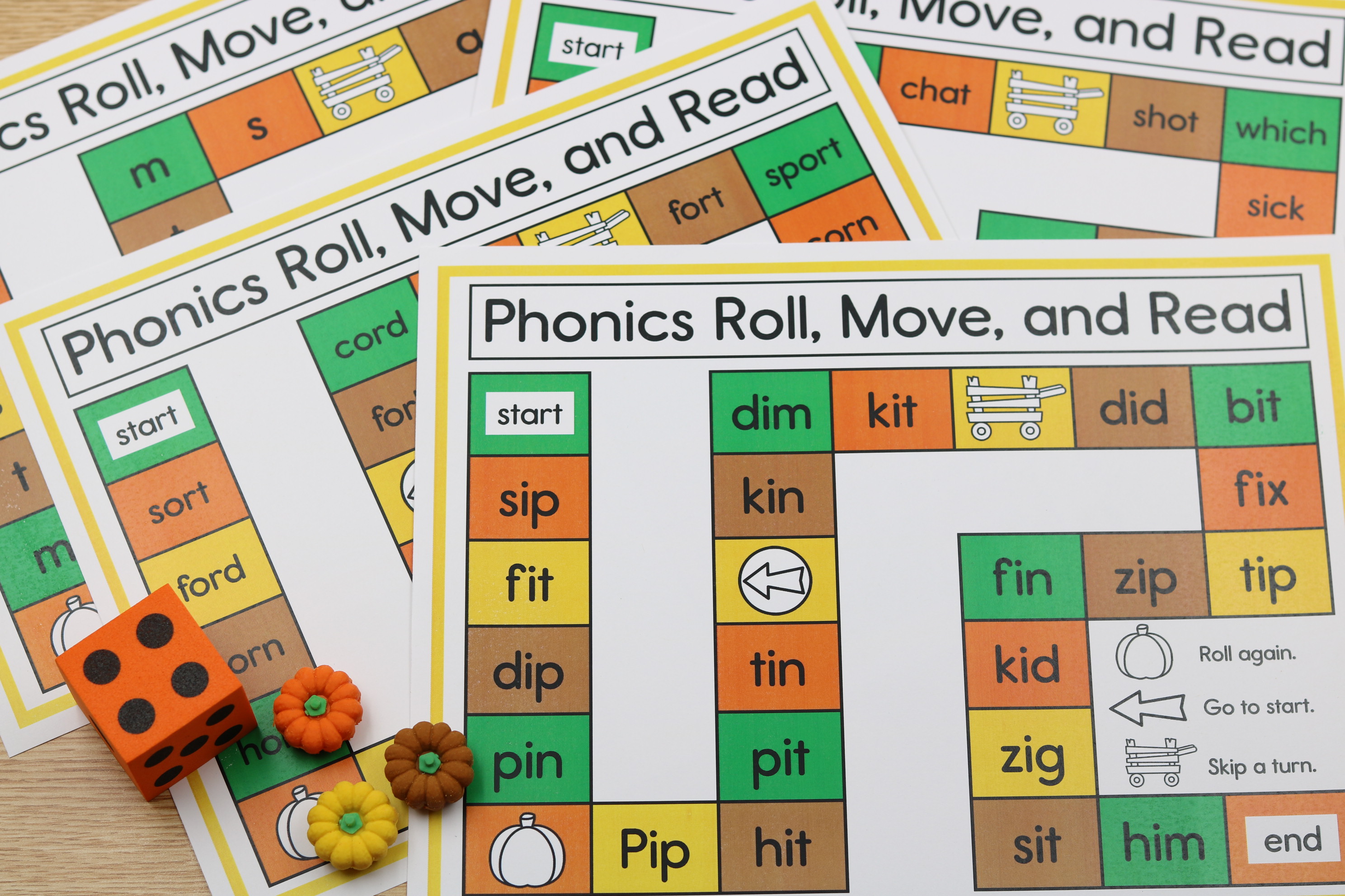 cvc fall phonics roll move and read for kindergarten students using a rolling cube