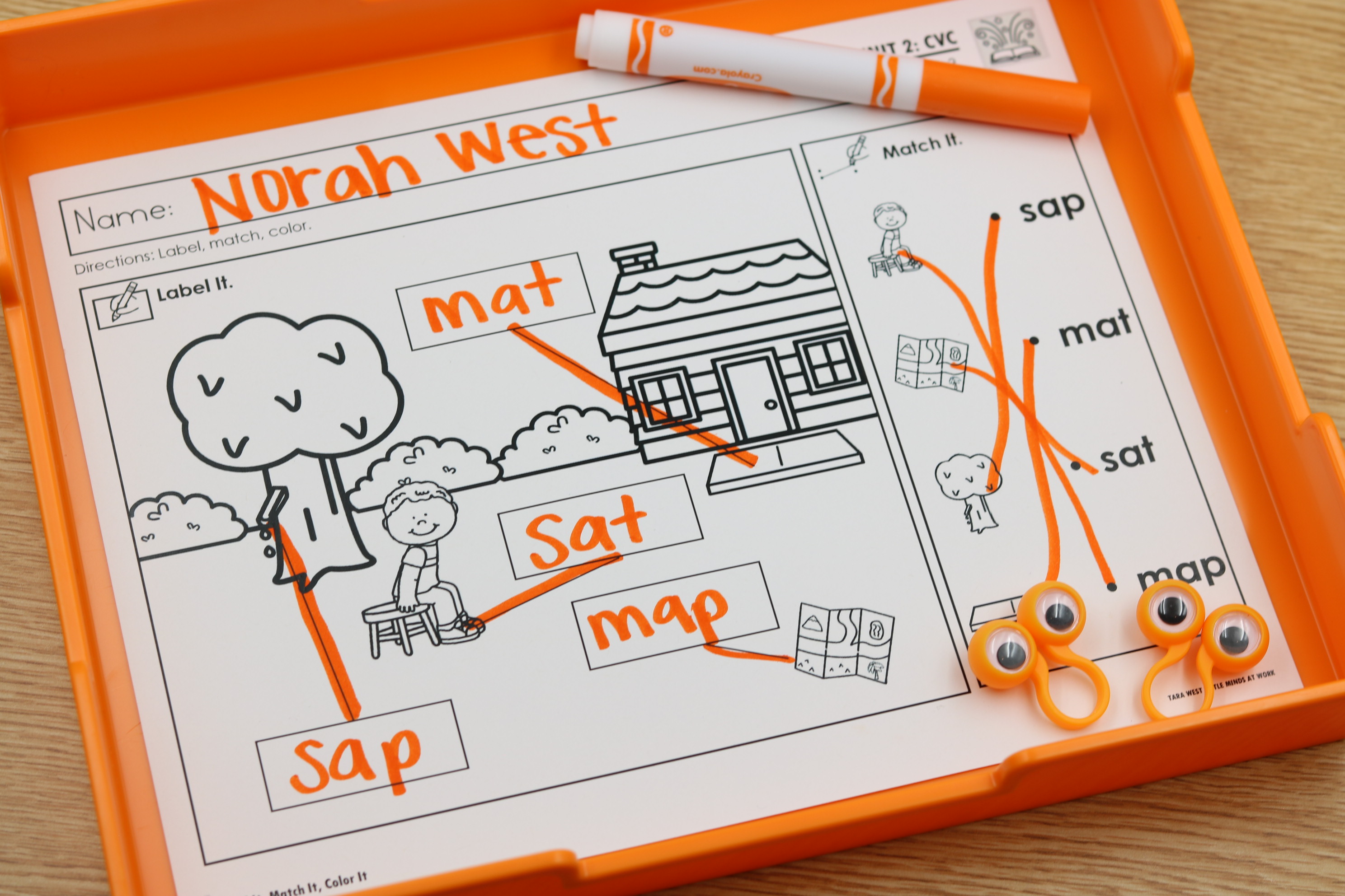 CVC writing center label and match printables