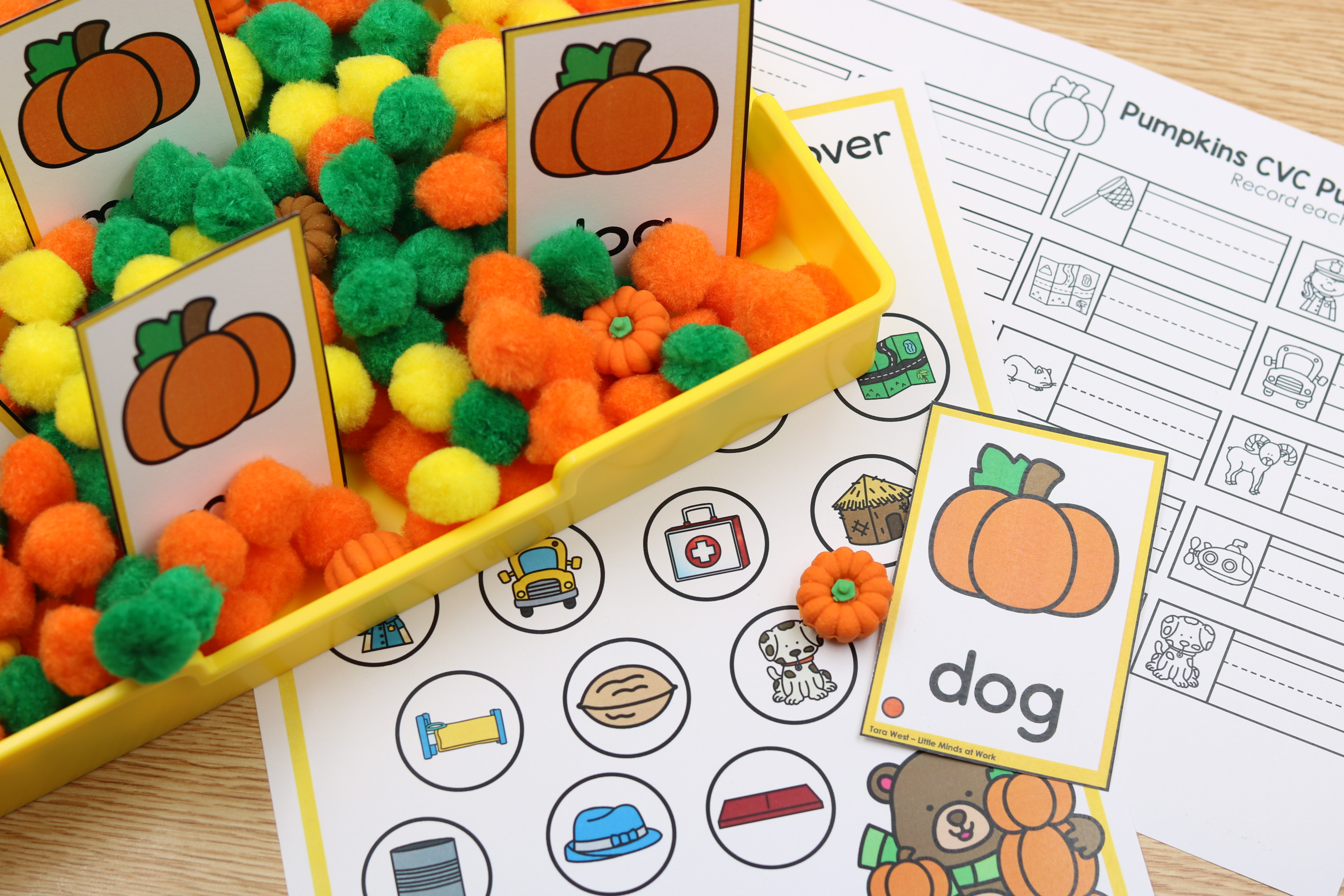 cvc sensory bin with fuzzy pom poms pull and record the cvc word