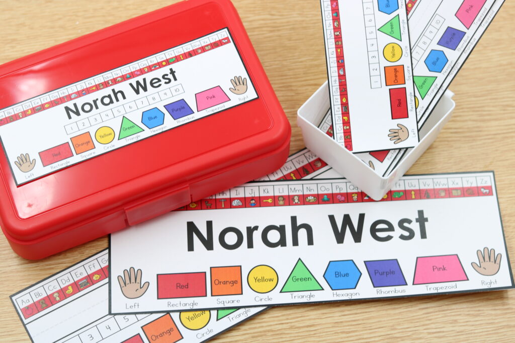Free editable student nametags with alphabet strip, shapes, and left/right hand visuals