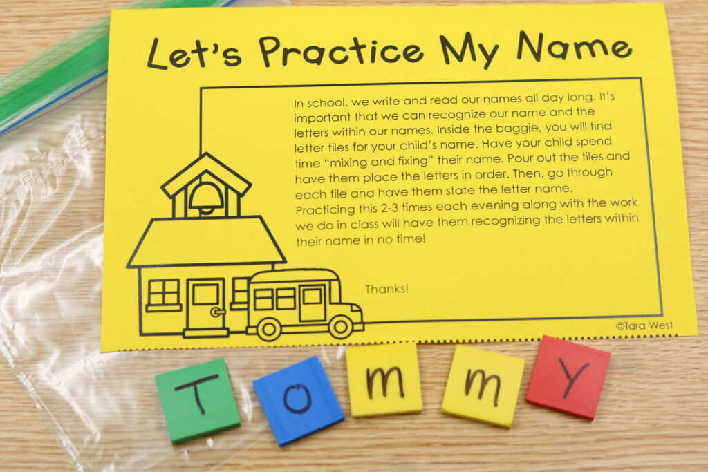 Free at-home name practice activity using letter tiles for students