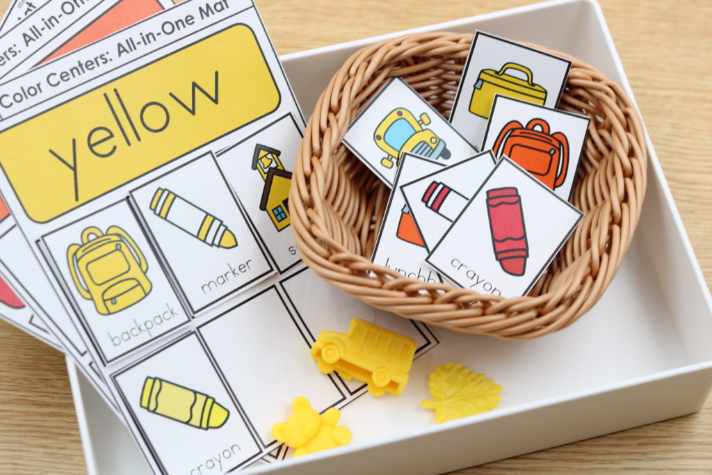 Free back to school color sorting center with picture cards and manipulatives