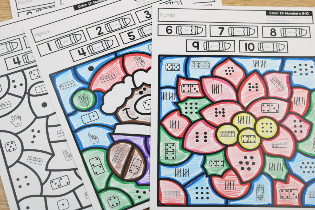 Free December subitizing color-by-number worksheets for numbers 1–10