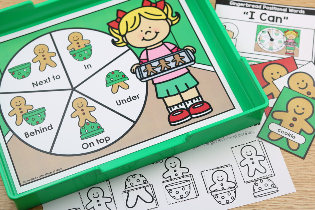 Free December gingerbread positional words center for teaching location words
