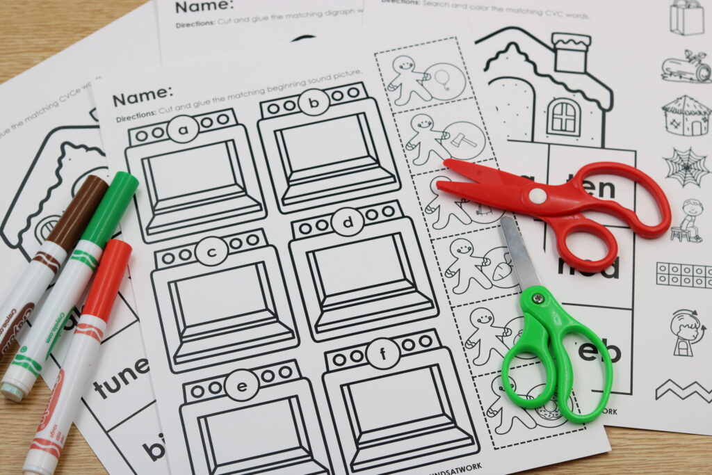 Free December gingerbread phonics and math worksheets for early learners