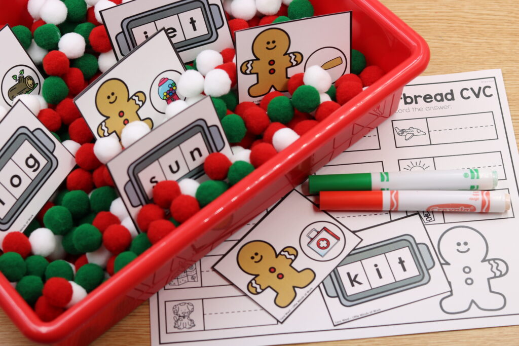 Free December phonics sensory bin cards for alphabet and CVC words