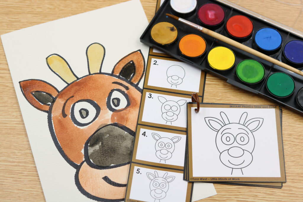 December reindeer directed drawing step-by-step printable Science of Reading
