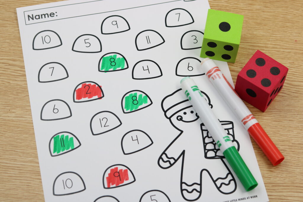 Free December gumdrop roll and color math printable for number recognition