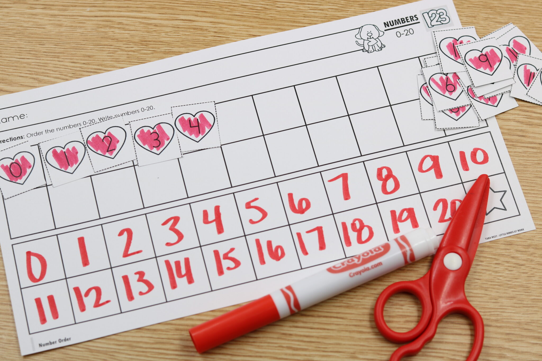February heart number line-up free download cut and paste math activity