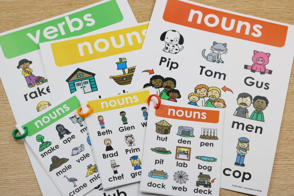 Free grammar posters with digraph and CCVC nouns, verbs, and adjectives.