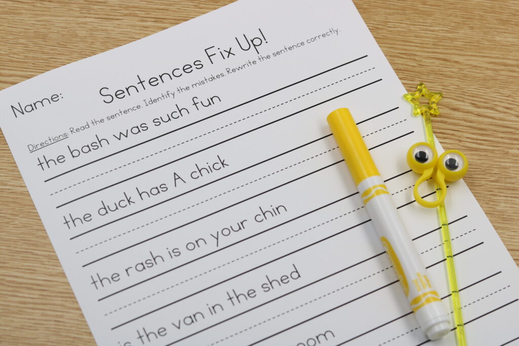 Free digraphs sentence fix it worksheets for practicing capitalization and punctuation.
