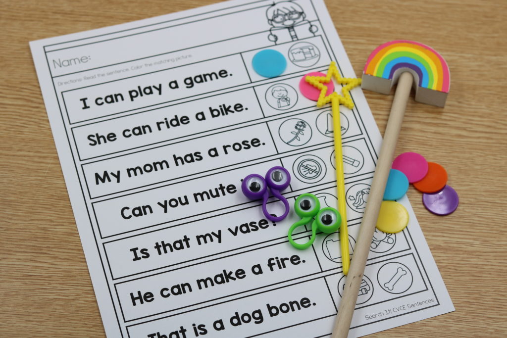 Free CVCe read and color sheets for silent e word comprehension and vocabulary practice.