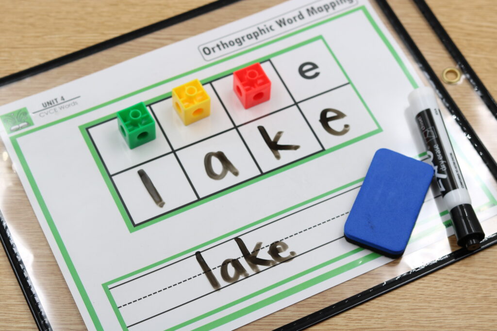Free CVCe mapping mats for phoneme-to-grapheme and orthographic mapping with silent e words.