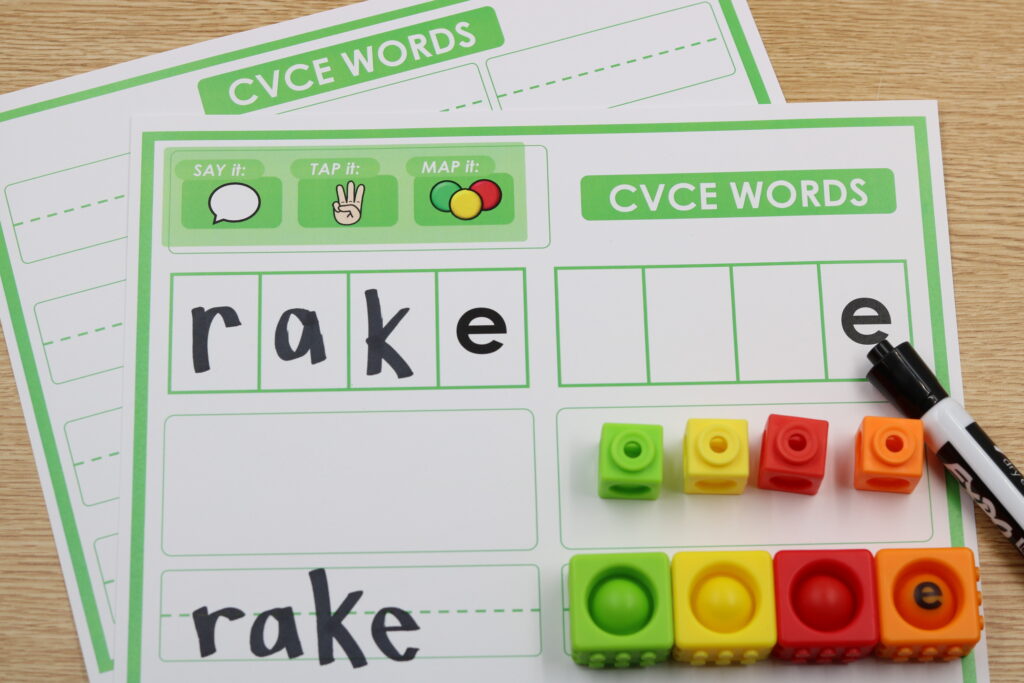 Free CVCe mapping mats with built-in Say It, Tap It, Map It, Write It icons for phonics practice.