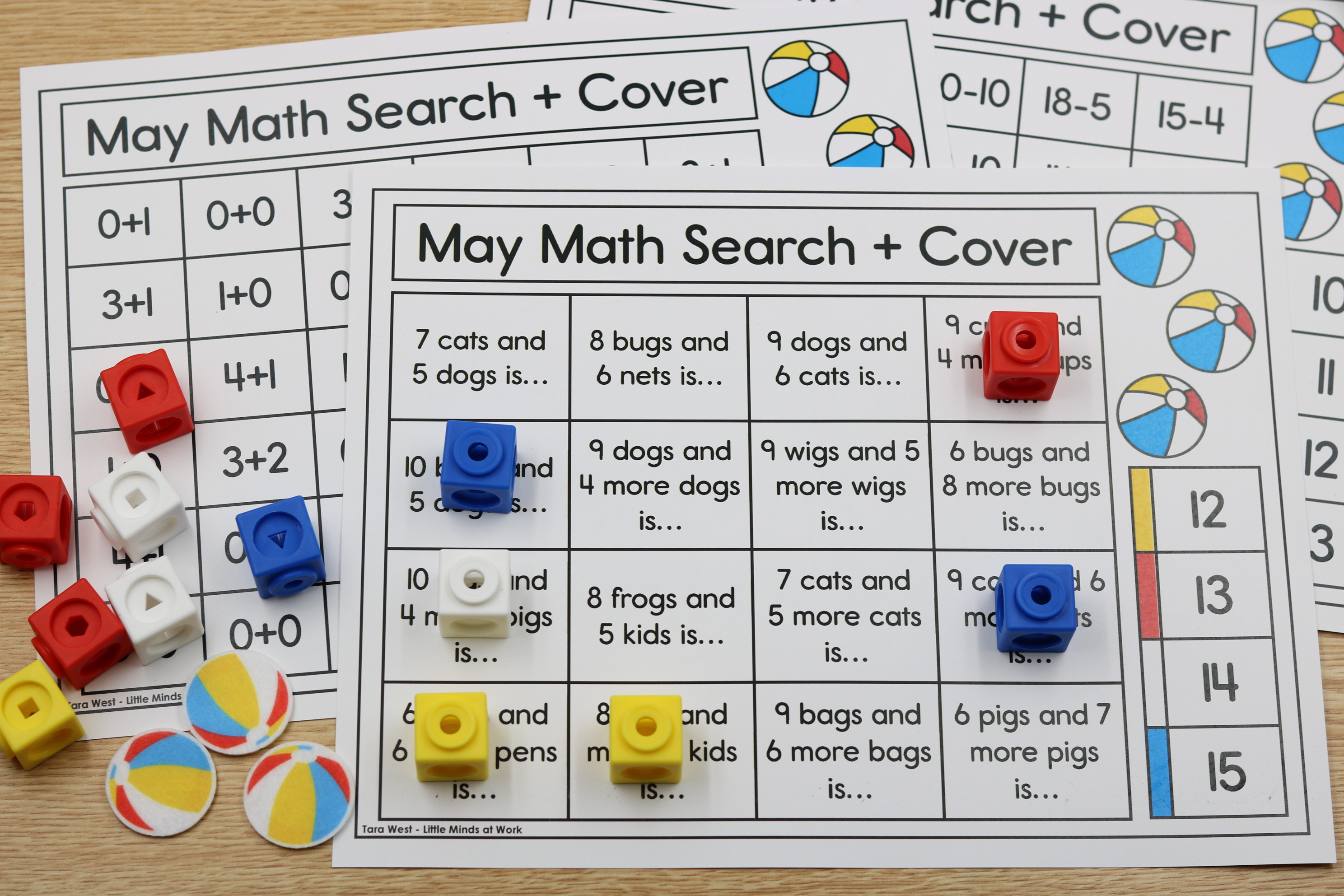 Summer May end of year math addition word problems center using coloring cubes