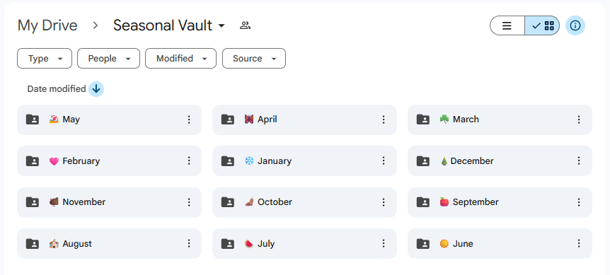 Viewing Google Drive folders organized by month for the Tara West Seasonal Vault