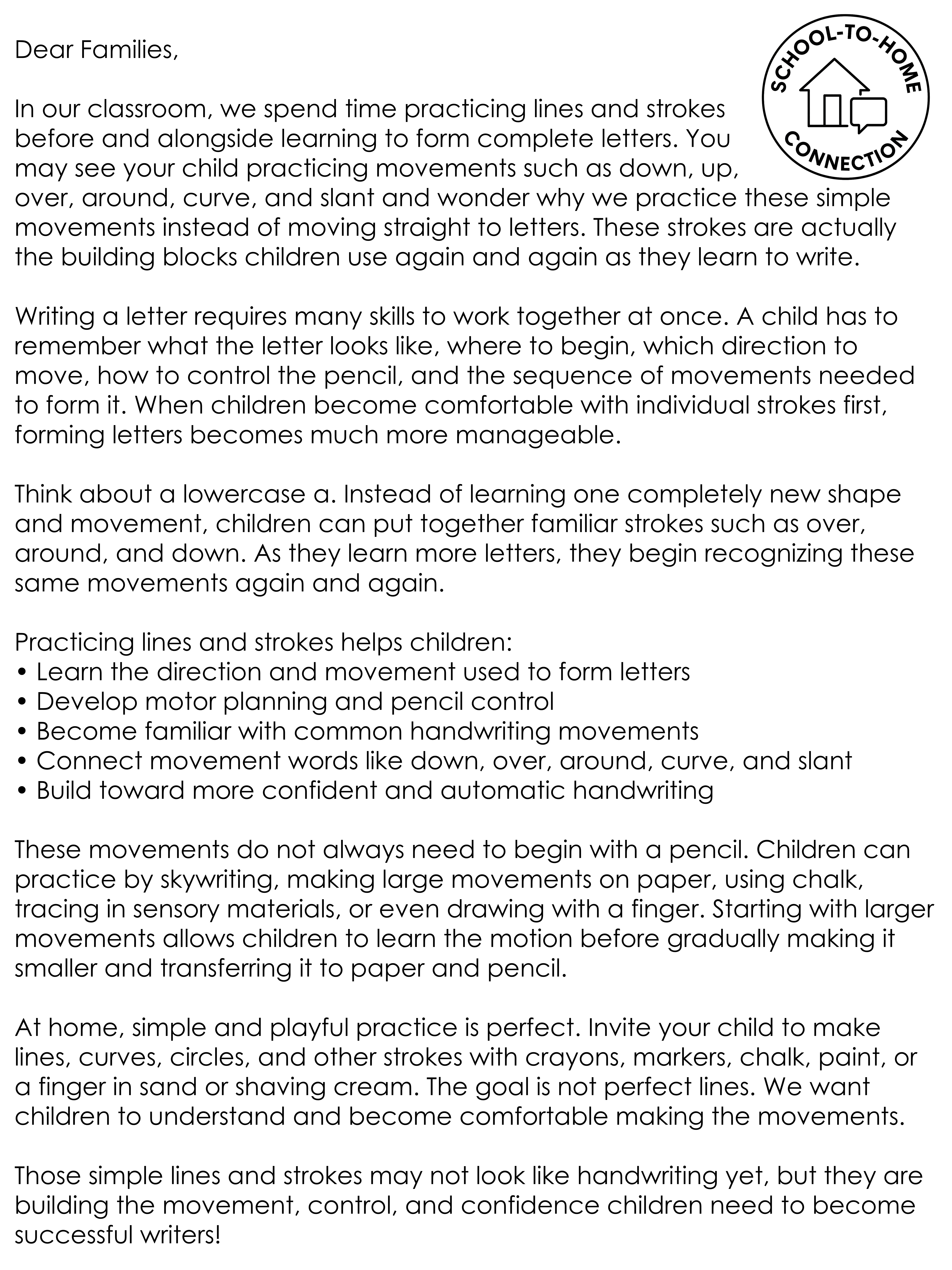 free parent note for pre-writing letter strokes