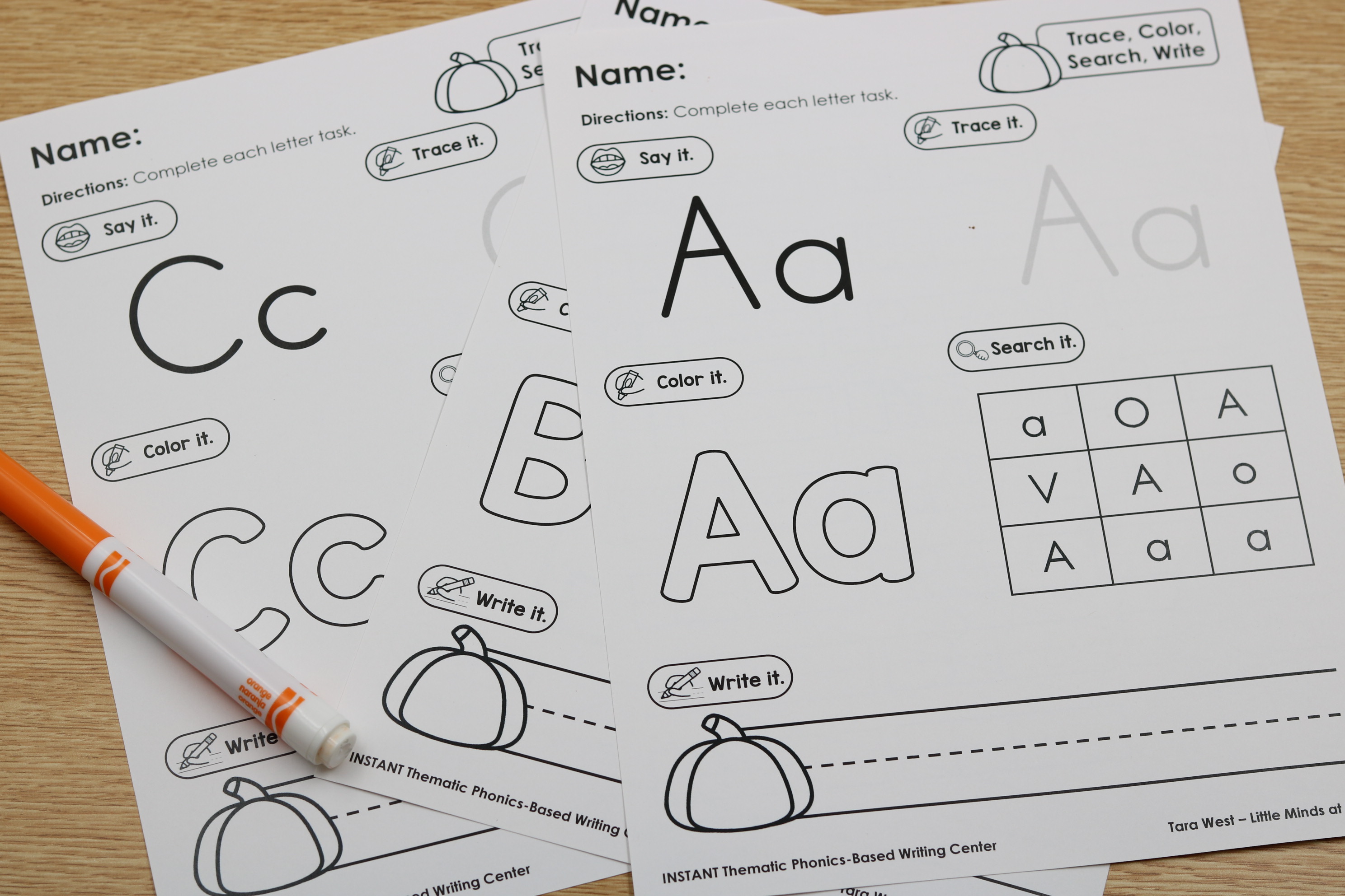 Free October alphabet practice worksheet for saying, writing, and coloring letters