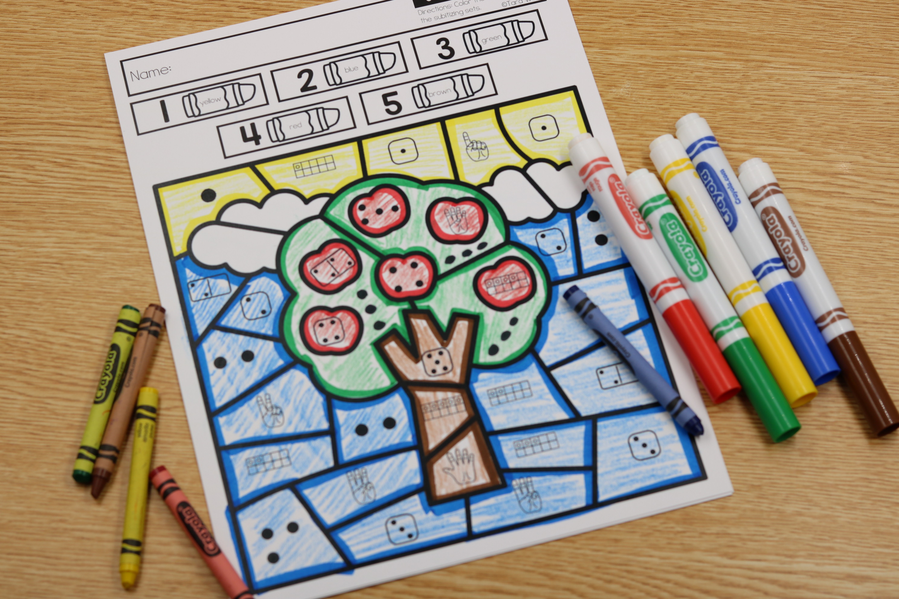 Apple-themed color by number subitizing worksheet