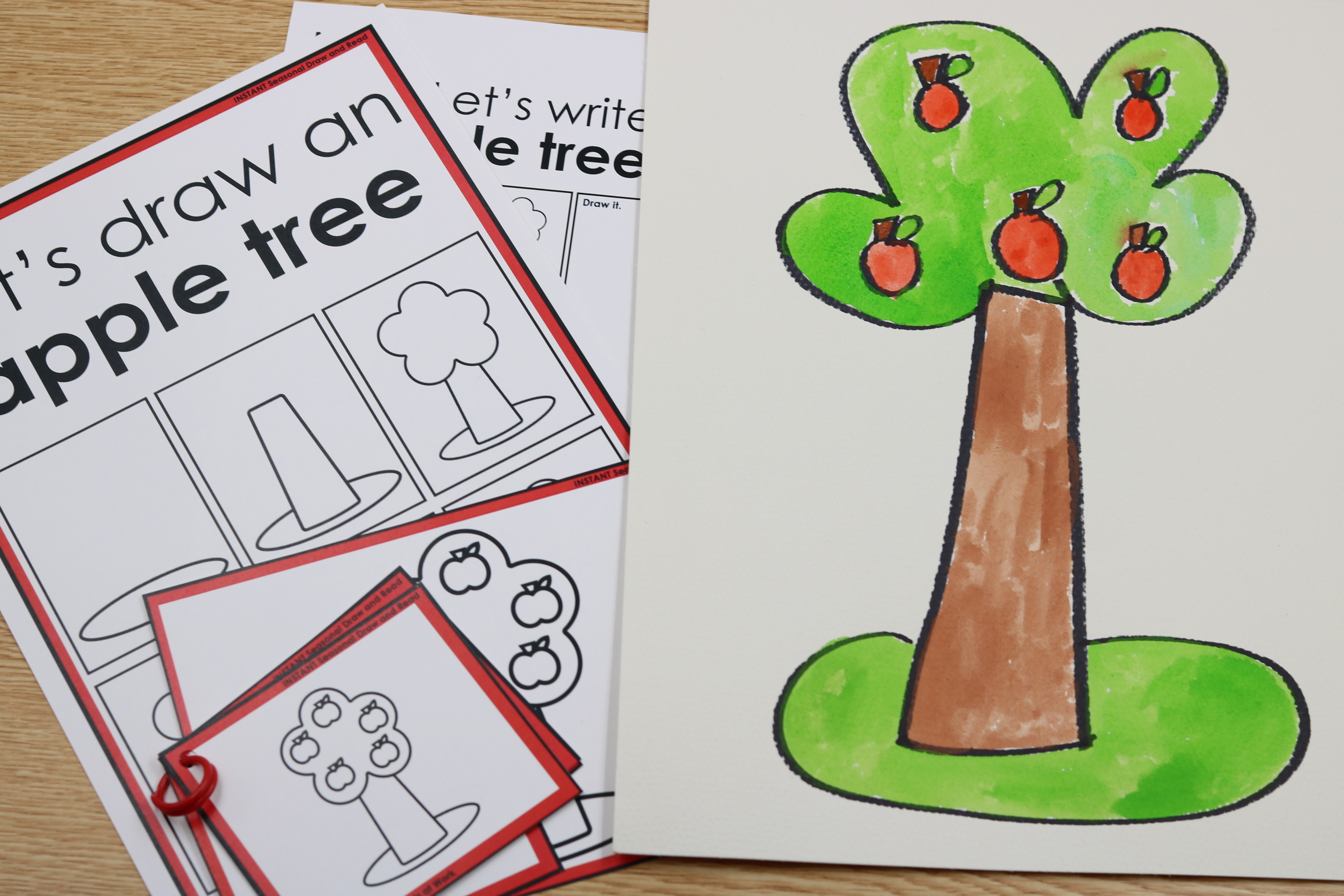 Free apple tree directed drawing with writing sheet