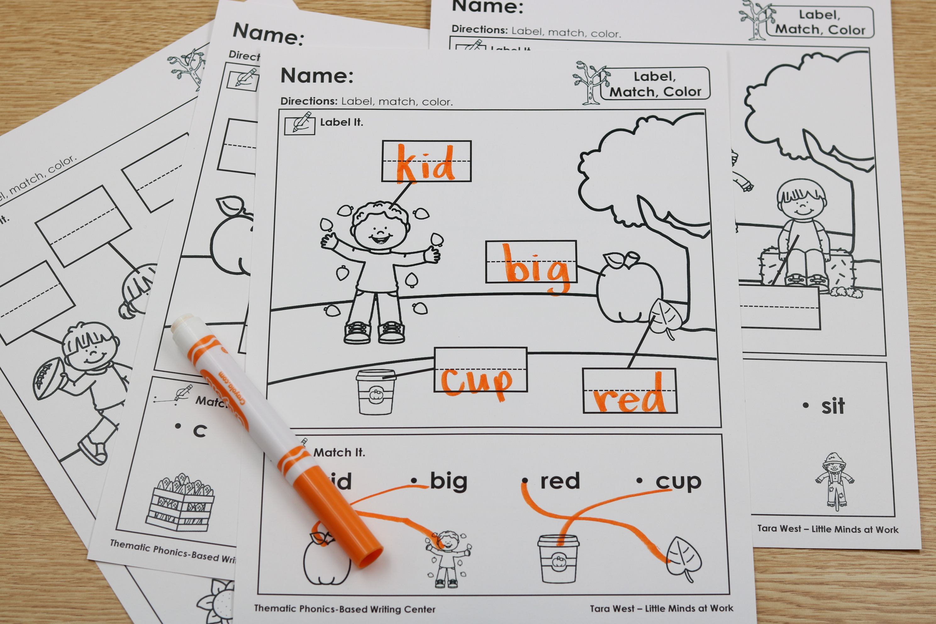 Free October label, match, color worksheet for phonics and writing practice