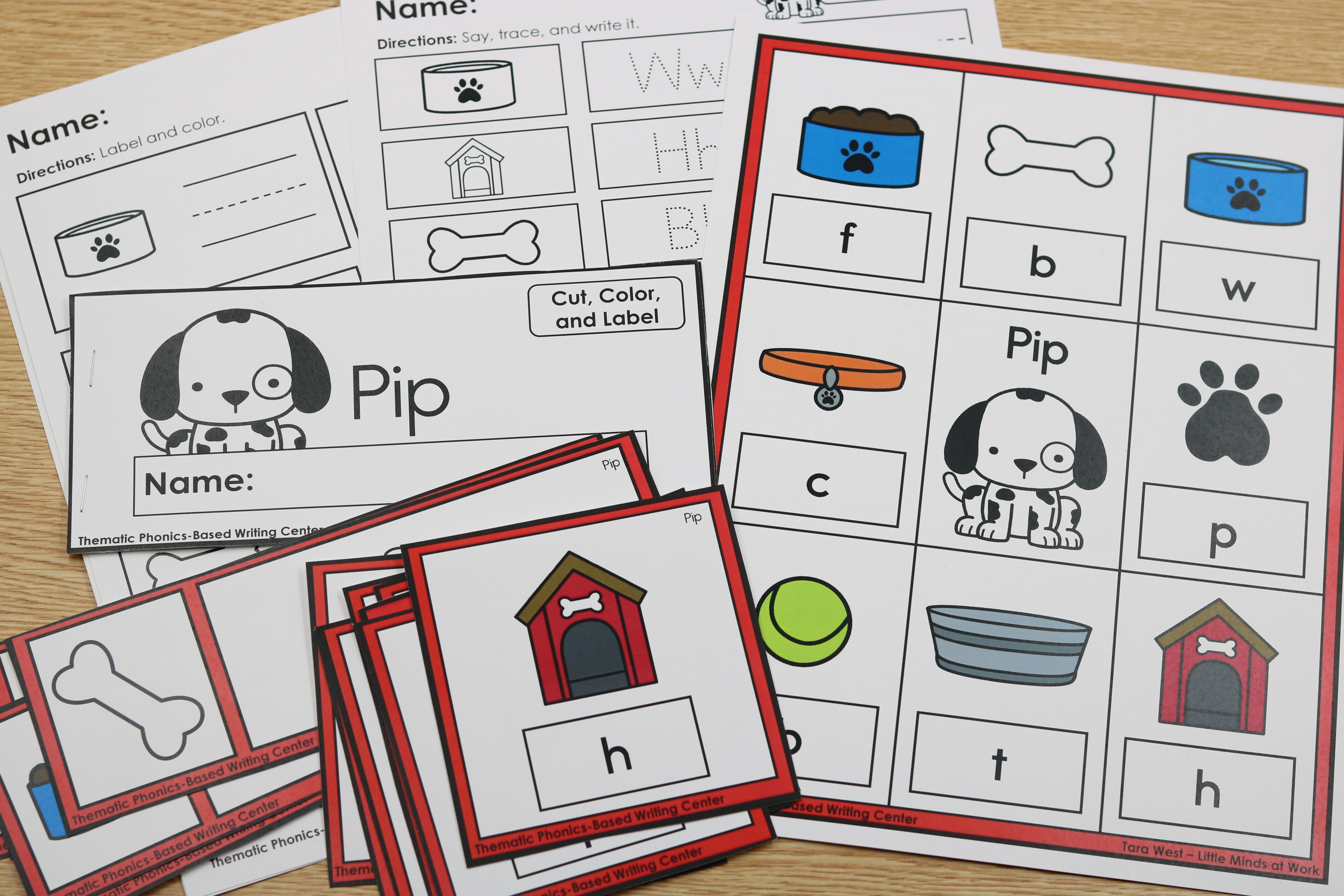 Free phonics writing center with Pip the Pup theme