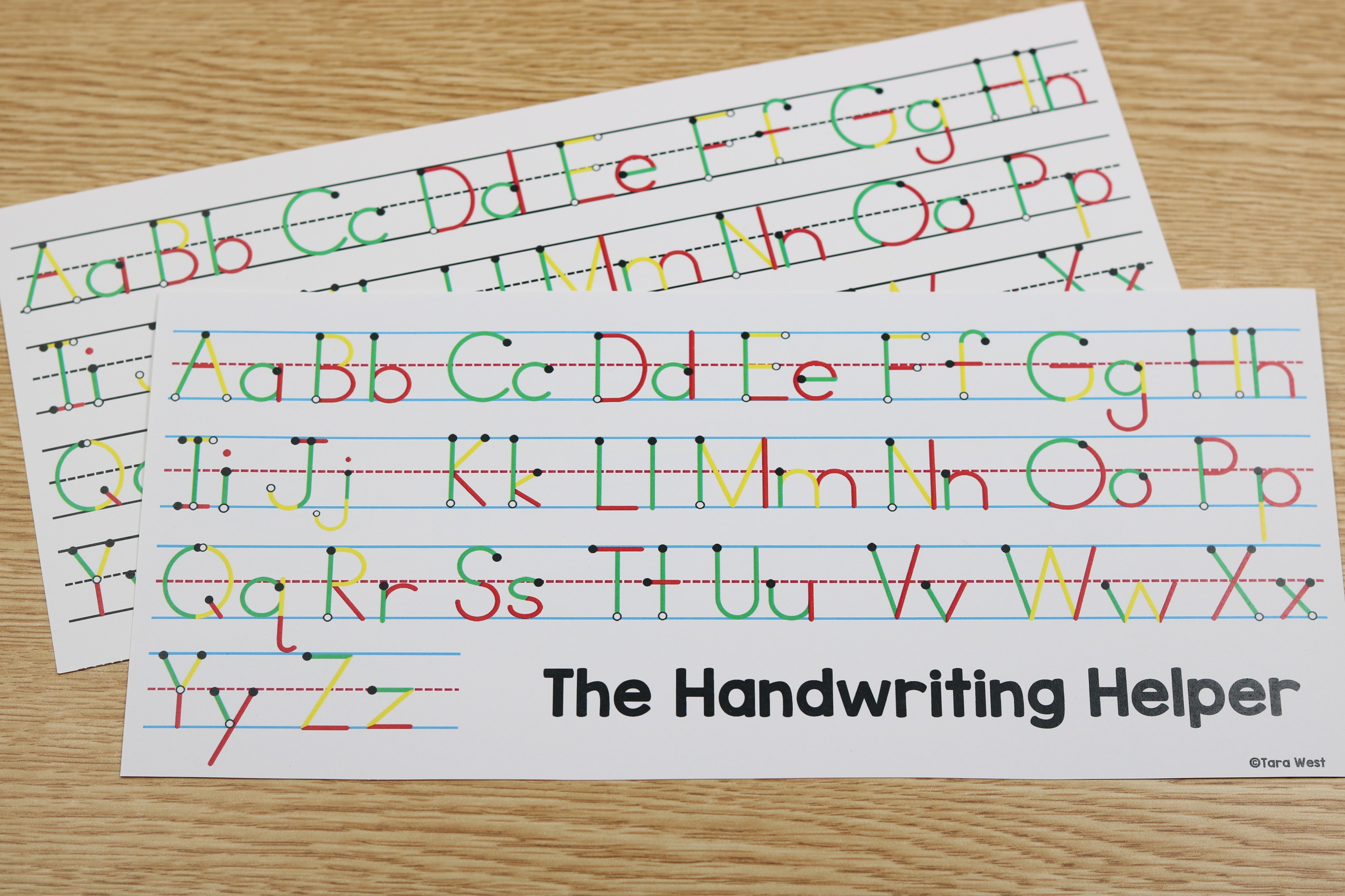 Printable alphabet handwriting helper showing tall, small, and fall letter types.
